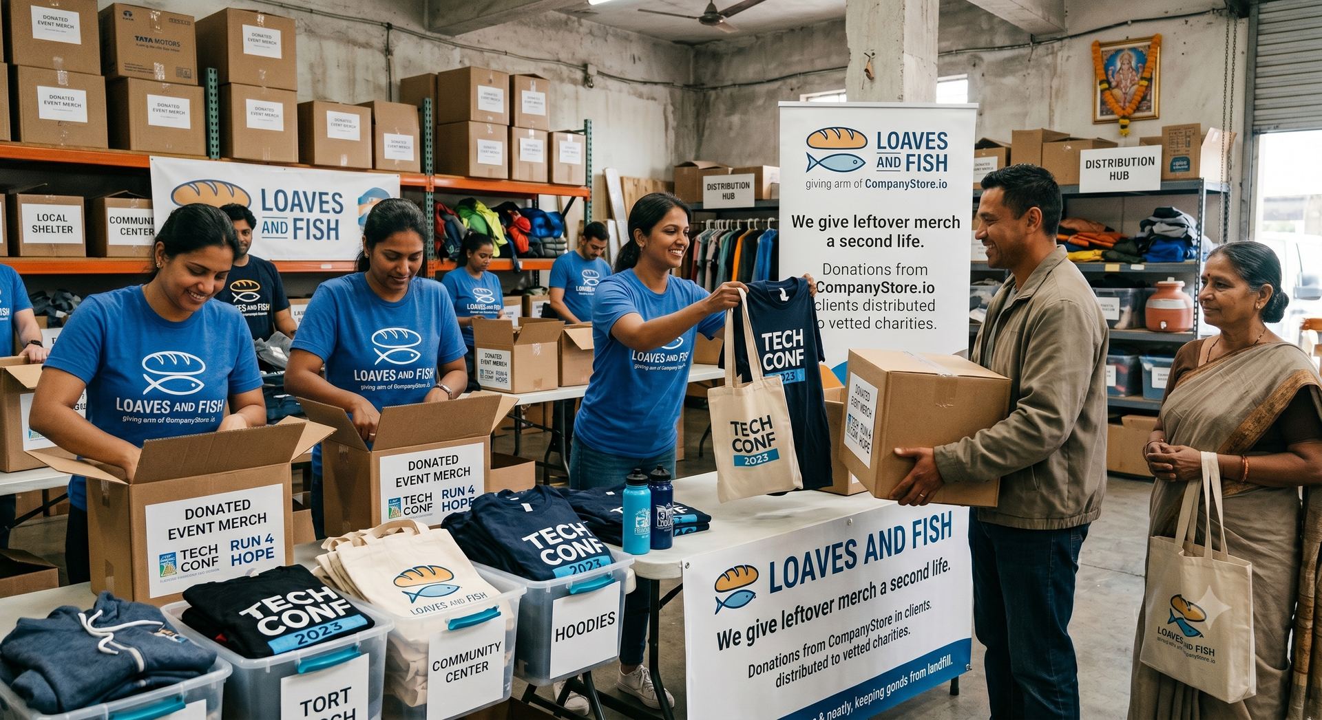 Loaves and Fish volunteers sorting donated event merchandise at a distribution hub