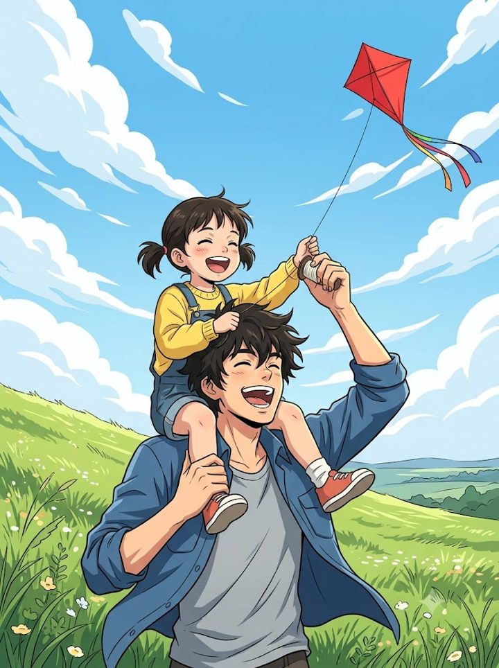 Sample anime picture of a father and daughter flying a kite