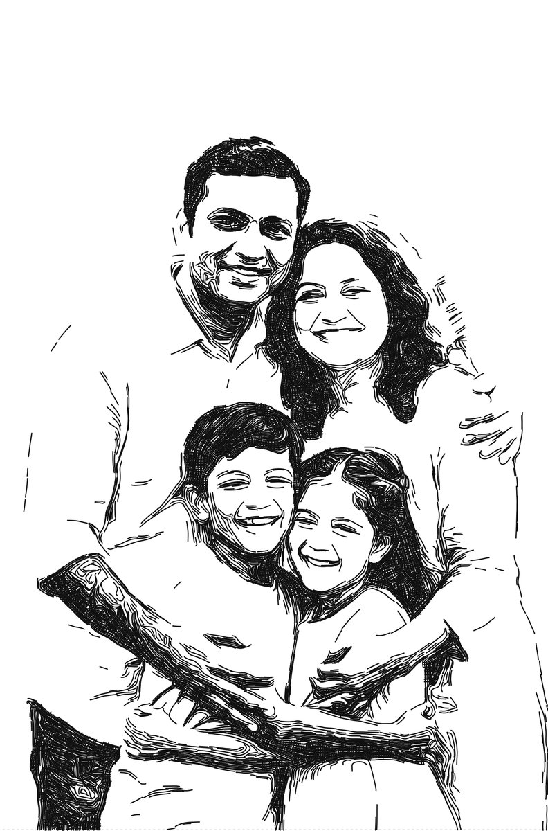Ink drawing of a family of four